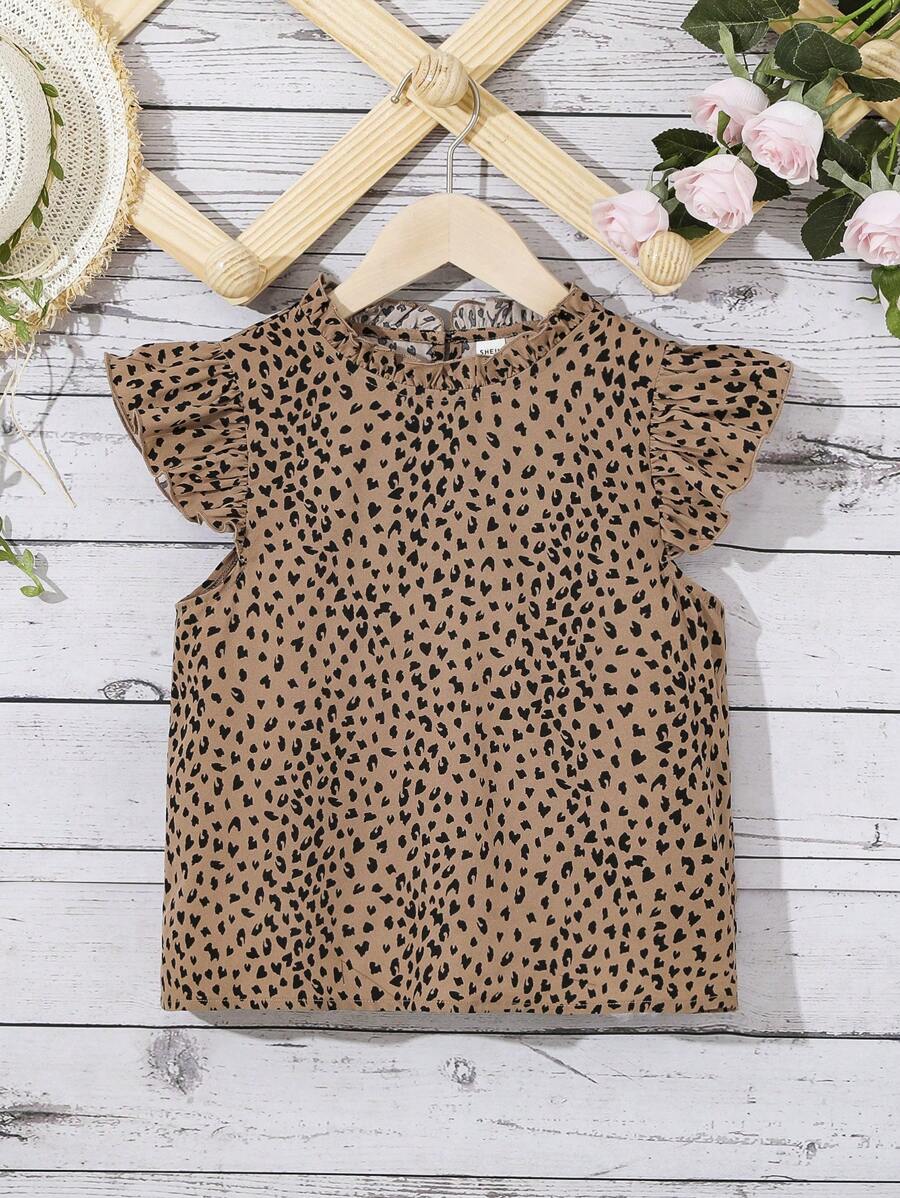 SHEIN Leap Crew Tween Girl Dalmatian Print Ruffle Trim Keyhole Back Blouse - Multicolor - View 1