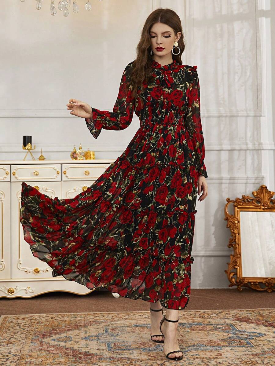 Floral Print Flounce Sleeve Ruffle Hem Dress - Red - View 1