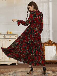 Floral Print Flounce Sleeve Ruffle Hem Dress - Red - View 2