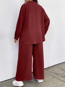 SHEIN LUNE Plus Áo thun trễ vai trơn và quần ống rộng - Màu Đỏ Sâu - Xem 2
