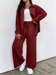 SHEIN LUNE Plus Áo thun trễ vai trơn và quần ống rộng - Màu Đỏ Sâu - Xem 3