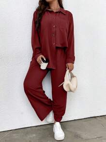 SHEIN LUNE Plus Áo thun trễ vai trơn và quần ống rộng - Màu Đỏ Sâu - Xem 4