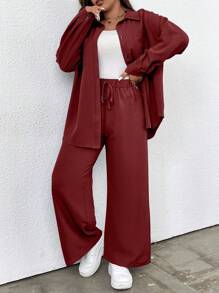 SHEIN LUNE Plus Áo thun trễ vai trơn và quần ống rộng - Màu Đỏ Sâu - Xem 5