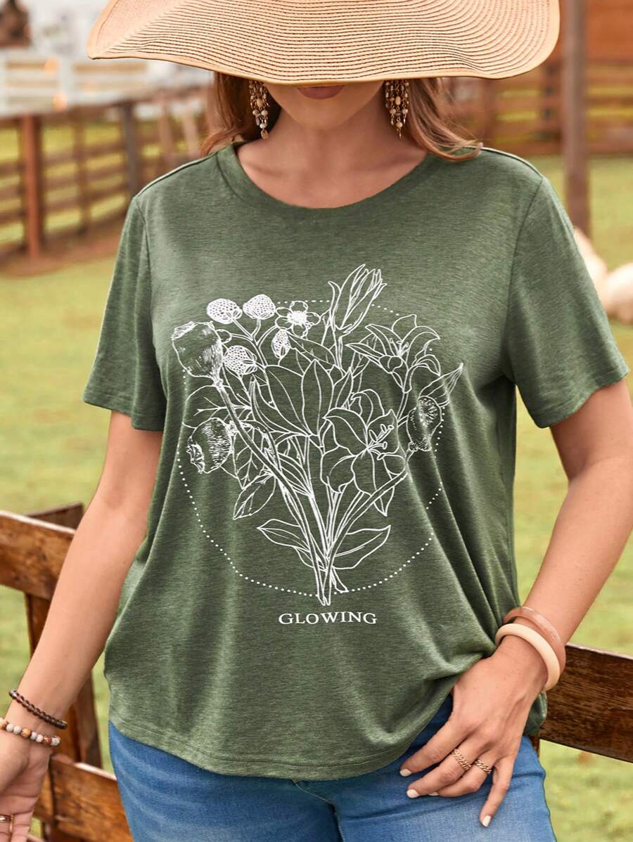 EMERY ROSE Plus Floral & Letter Graphic Tee - Army Green - View 1
