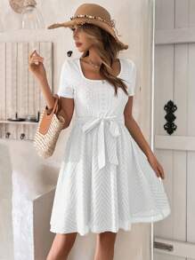 SHEIN LUNE 網眼刺繡腰帶A字連衣裙 - 白色 - 查看 5