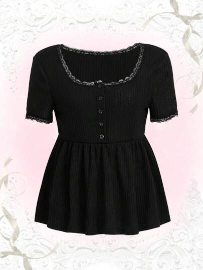 Contrast Lace Half Button Peplum Tee
