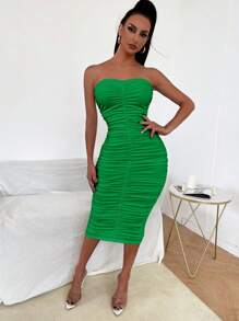 SHEIN SXY Solid Ruched Tube Bodycon Dress - Green - View 6