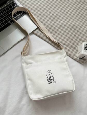 1pc Women Black/White Casual Small Canvas Crossbody Bag, Cute Mini Phone Pouch, Wallet, Student Bag, Travel Bag