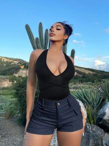 SHEIN SXY 素色翻蓋口袋工裝短褲 - 藍色 - 查看 1