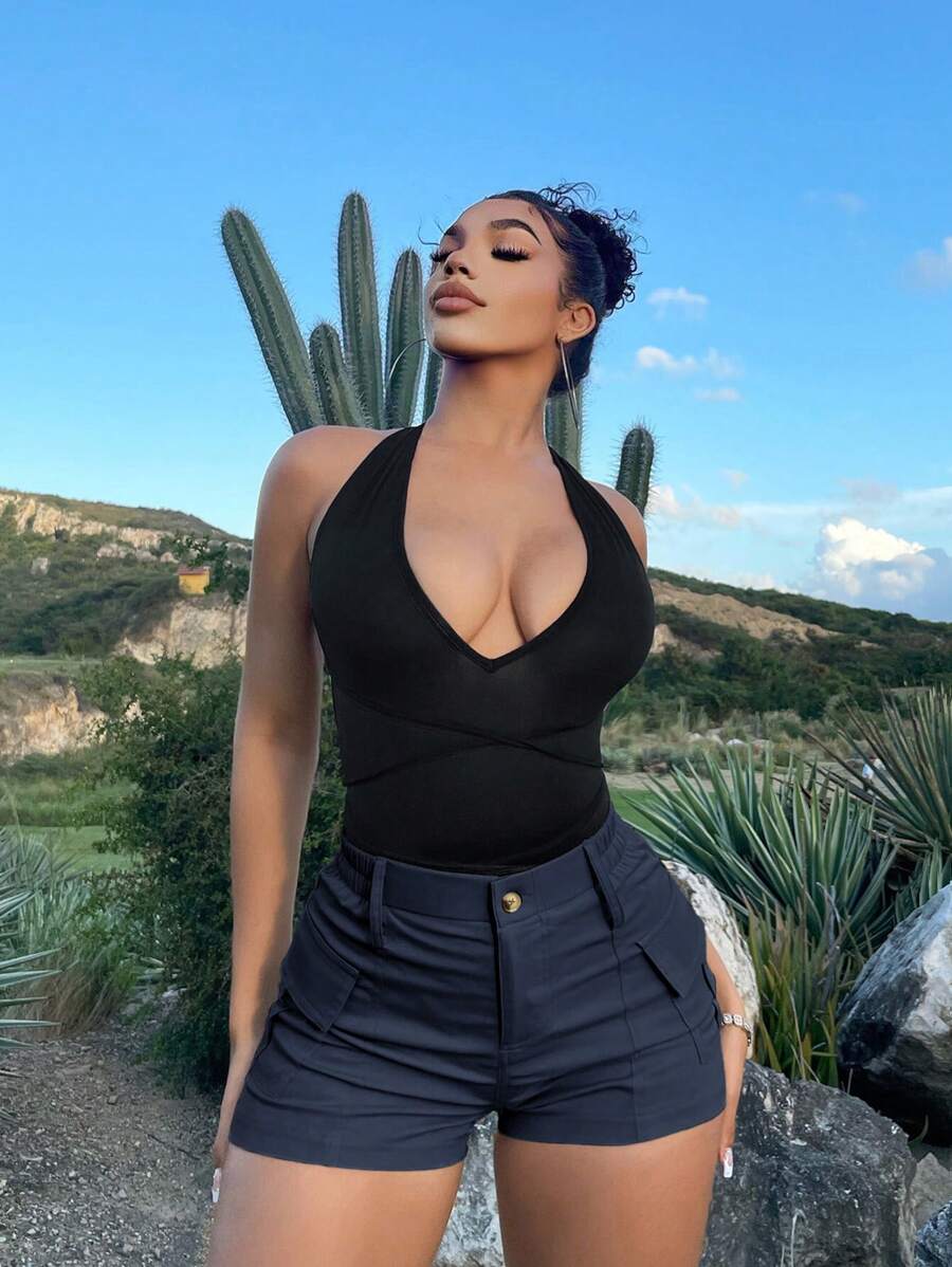 SHEIN SXY 素色翻蓋口袋工裝短褲 - 藍色 - 查看 1