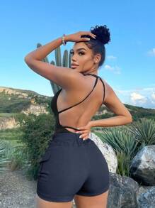SHEIN SXY 素色翻蓋口袋工裝短褲 - 藍色 - 查看 2