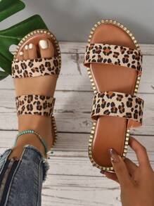 女士豹紋圖案時尚夏天平底涼鞋 - 棕色 - 查看 1