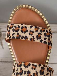 女士豹紋圖案時尚夏天平底涼鞋 - 棕色 - 查看 6