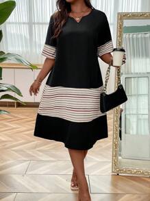 Modelyn Vestido de rayas de cuello notch - Negro - Ver 1