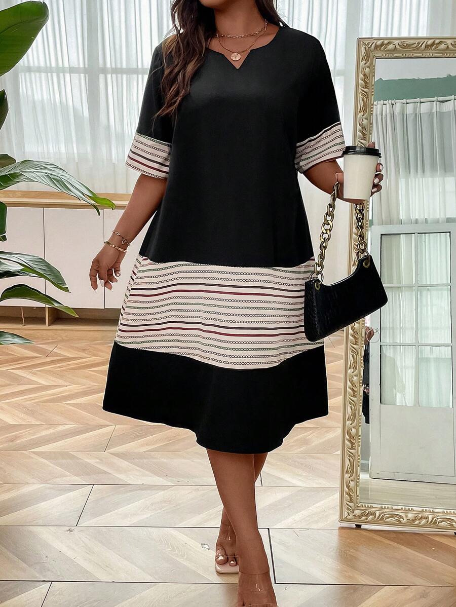 Modelyn Vestido de rayas de cuello notch - Negro - Ver 1