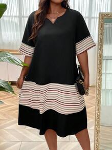 Modelyn Vestido de rayas de cuello notch - Negro - Ver 5