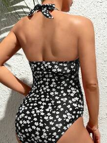 SHEIN Maternity Ditsy Floral Ruched Halter One-Piece Swimwear Summer Beach - Black - View 2