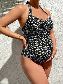 SHEIN Maternity Ditsy Floral Ruched Halter One-Piece Swimwear Summer Beach - Black - View 4