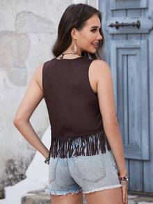 RELISH NOLESS Áo khoác nữ mép màu trơn Boho - Màu nâu Sô-cô-la - Xem 2
