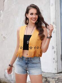 RELISH NOLESS 西部风女牛仔波西米亚嬉皮士复古波西米亚节日绒面流苏轻便夹克背心 - 黃色 - 查看 3