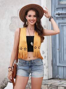 RELISH NOLESS 西部风女牛仔波西米亚嬉皮士复古波西米亚节日绒面流苏轻便夹克背心 - 黃色 - 查看 5