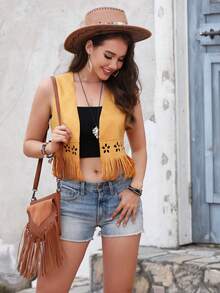 RELISH NOLESS 西部风女牛仔波西米亚嬉皮士复古波西米亚节日绒面流苏轻便夹克背心 - 黃色 - 查看 6