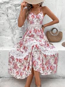 SHEIN VCAY Vestido de tirantes con estampado floral con encaje - Rosa - Ver 1