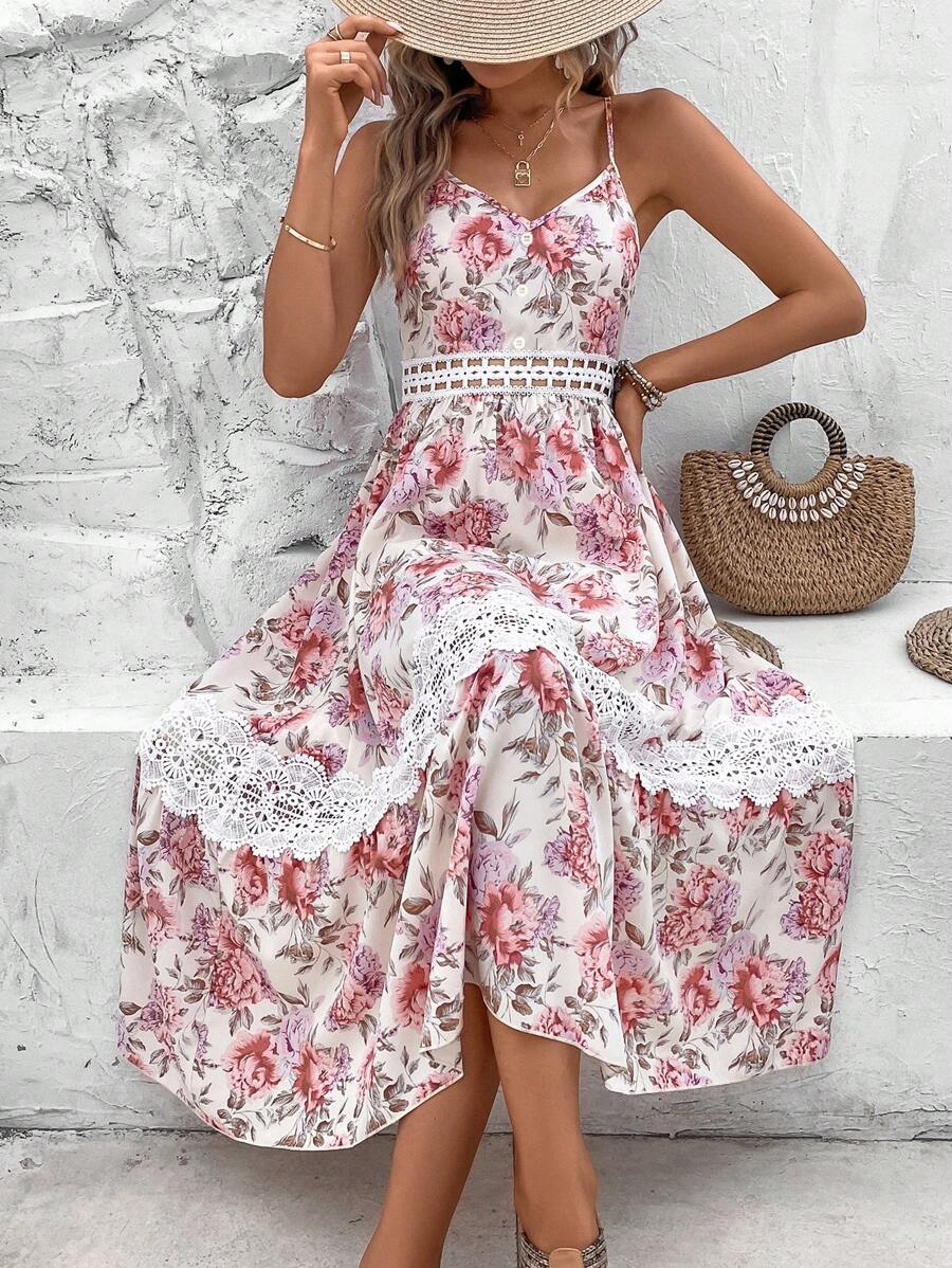 SHEIN VCAY Vestido de tirantes con estampado floral con encaje - Rosa - Ver 1