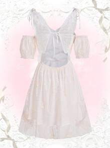 ROMWE Vestido con estampado de mariposa de espalda abierta con cordón de malla - Blanco - Ver 1