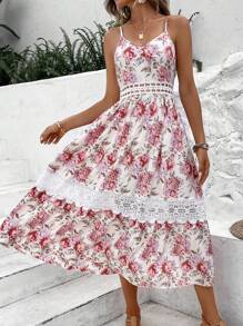 SHEIN VCAY Vestido de tirantes con estampado floral con encaje - Rosa - Ver 4