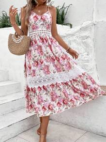 SHEIN VCAY Vestido de tirantes con estampado floral con encaje - Rosa - Ver 5