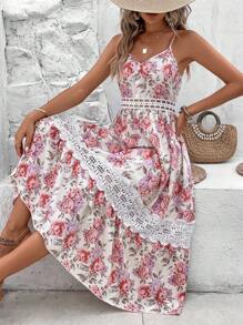 SHEIN VCAY Vestido de tirantes con estampado floral con encaje - Rosa - Ver 6