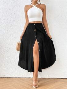 Chiquease 纯色纽扣前开襟喇叭下摆女裙 - 黑色 - 查看 1