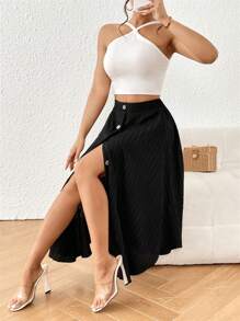 Chiquease 纯色纽扣前开襟喇叭下摆女裙 - 黑色 - 查看 6