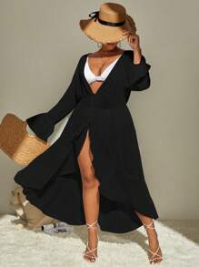 SHEIN Swim Curve Plus Flare Sleeve Ruffle Trim Tie Front Kimono - Black - View 1