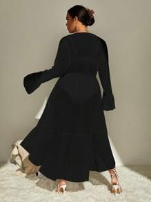 SHEIN Swim Curve Plus Flare Sleeve Ruffle Trim Tie Front Kimono - Black - View 2