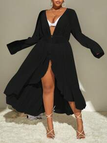 SHEIN Swim Curve Plus Flare Sleeve Ruffle Trim Tie Front Kimono - Black - View 4
