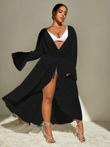 SHEIN Swim Curve Plus Flare Sleeve Ruffle Trim Tie Front Kimono - Black - View 5