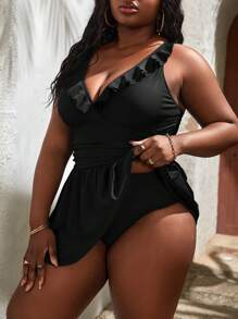 SHEIN Swim Curve Summer Beach Plus Size Ruffle Trim Ruched Swim Dress - Black - View 2