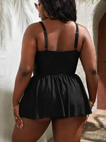 SHEIN Swim Curve Summer Beach Plus Size Ruffle Trim Ruched Swim Dress - Black - View 3