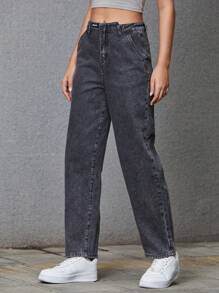 Dazy Designer High Waist Straight Leg Jeans - Dark Grey - View 8