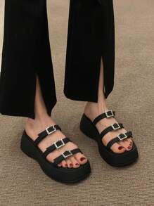 Women Rhinestone & Buckle Decor Flatform Slide Sandals, Fashionable Summer Wedge Sandals - Black - View 1