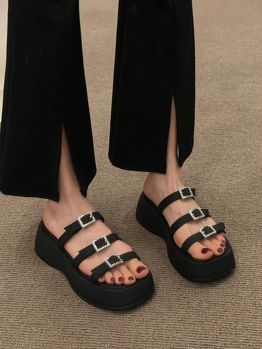Women Rhinestone & Buckle Decor Flatform Slide Sandals, Fashionable Summer Wedge Sandals - Black - View 1