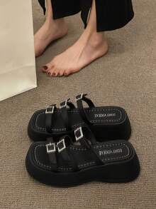 Women Rhinestone & Buckle Decor Flatform Slide Sandals, Fashionable Summer Wedge Sandals - Black - View 2