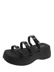 Women Rhinestone & Buckle Decor Flatform Slide Sandals, Fashionable Summer Wedge Sandals - Black - View 3