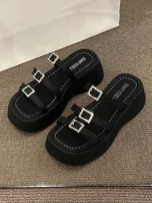 Women Rhinestone & Buckle Decor Flatform Slide Sandals, Fashionable Summer Wedge Sandals - Black - View 4