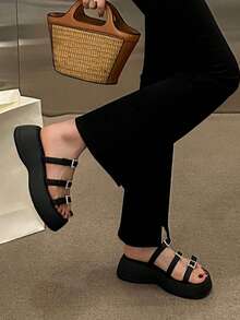 Women Rhinestone & Buckle Decor Flatform Slide Sandals, Fashionable Summer Wedge Sandals - Black - View 5