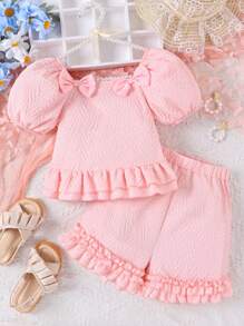 Girls Puff Sleeve Bow Front Ruffle Hem Top & Frill Trim Shorts - Pink - View 1
