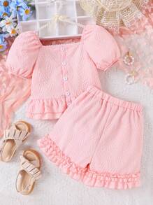 Girls Puff Sleeve Bow Front Ruffle Hem Top & Frill Trim Shorts - Pink - View 2