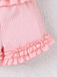 Girls Puff Sleeve Bow Front Ruffle Hem Top & Frill Trim Shorts - Pink - View 3